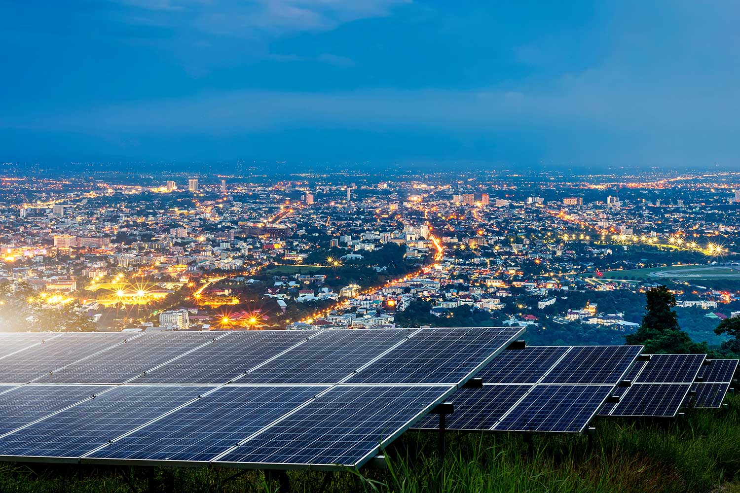 Solar panels on cityscape